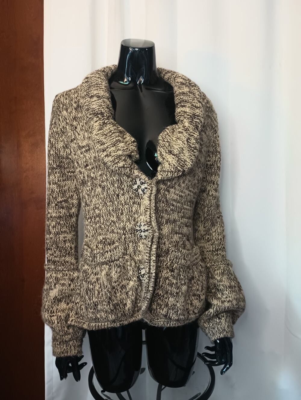 Vtg BCBG Max Azria Y2K Chunky Shawl Cardigan L Brown Ornate Button Fairy Boho